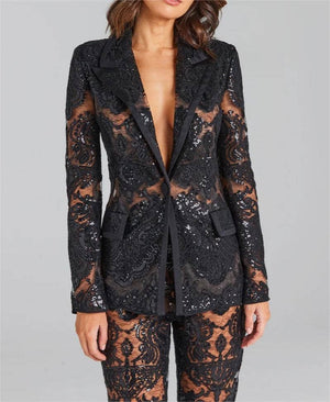 SET055 Blazer und Hosenanzug mit Spitzenstickerei und Pailletten
