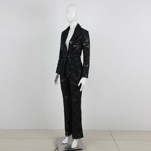 SET055 Blazer und Hosenanzug mit Spitzenstickerei und Pailletten