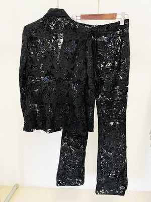 SET055 Blazer und Hosenanzug mit Spitzenstickerei und Pailletten