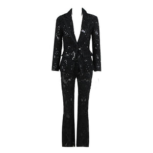 SET055 Blazer und Hosenanzug mit Spitzenstickerei und Pailletten