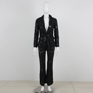 SET055 Blazer und Hosenanzug mit Spitzenstickerei und Pailletten